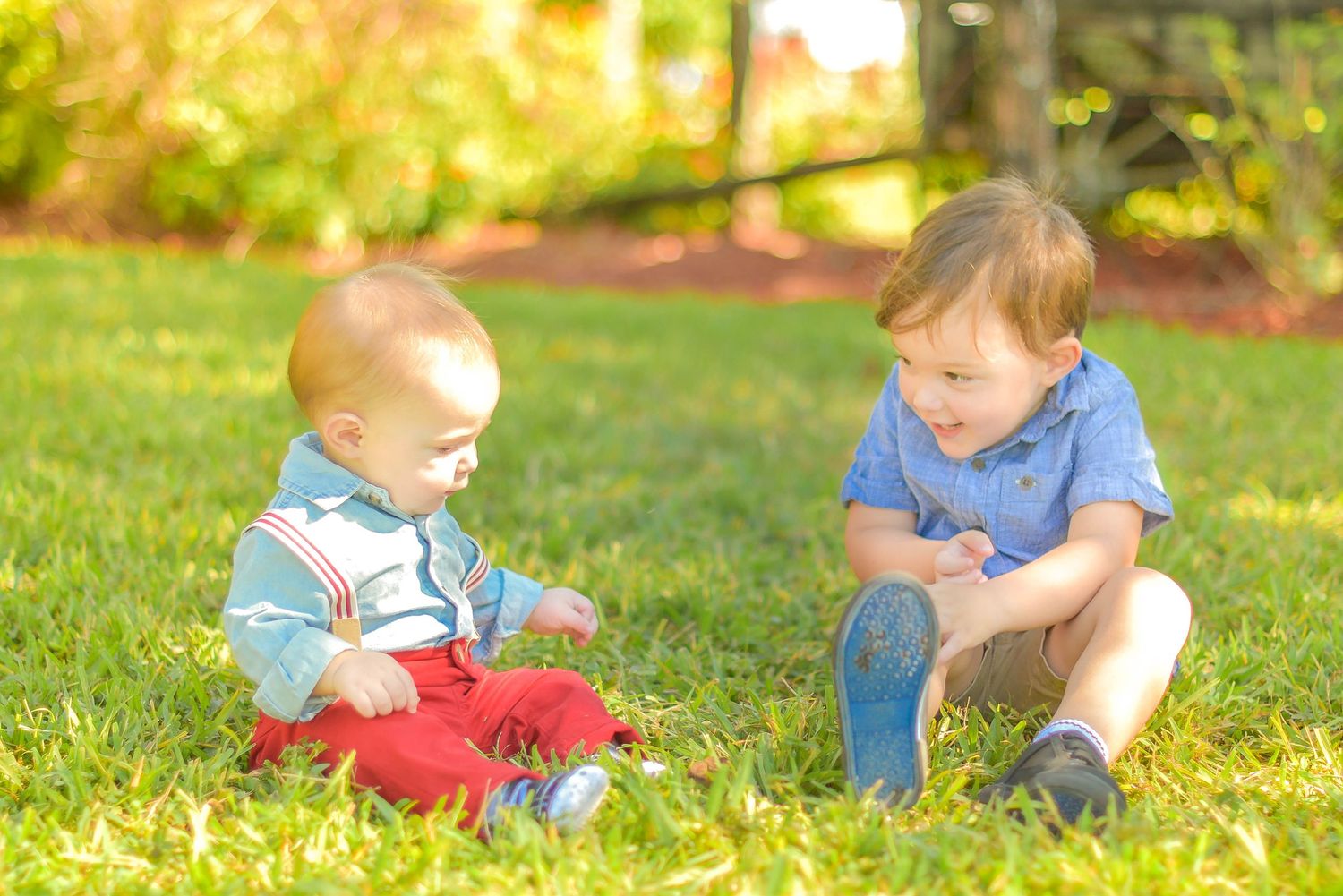 3 year old and 1 year old sitting in grassy field with yellow and green sunny background on trees. 3 year old looking at 1 year old smiling