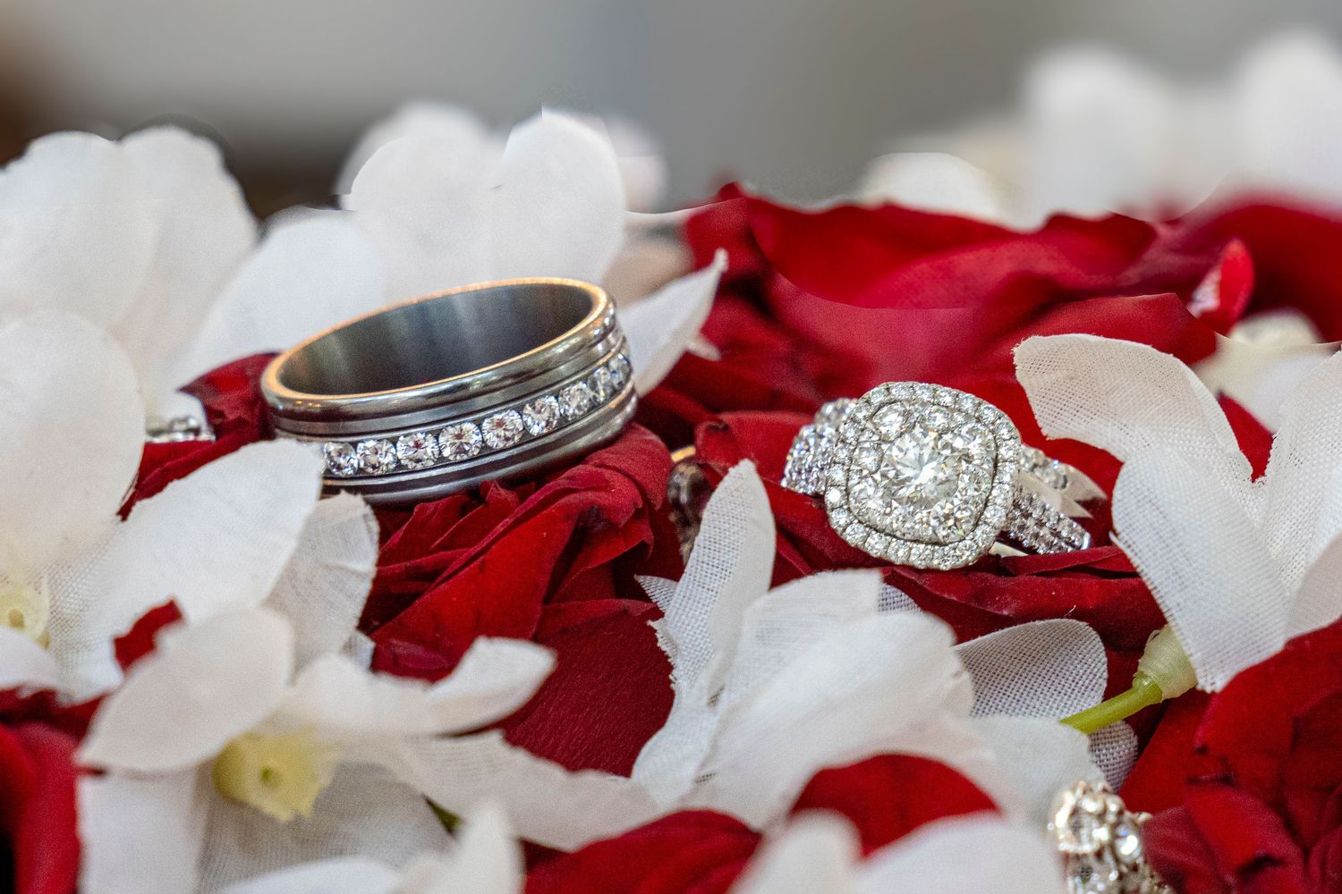 close up of man's ring, engagement ring on bouquet of flowers that are white with rose petals.