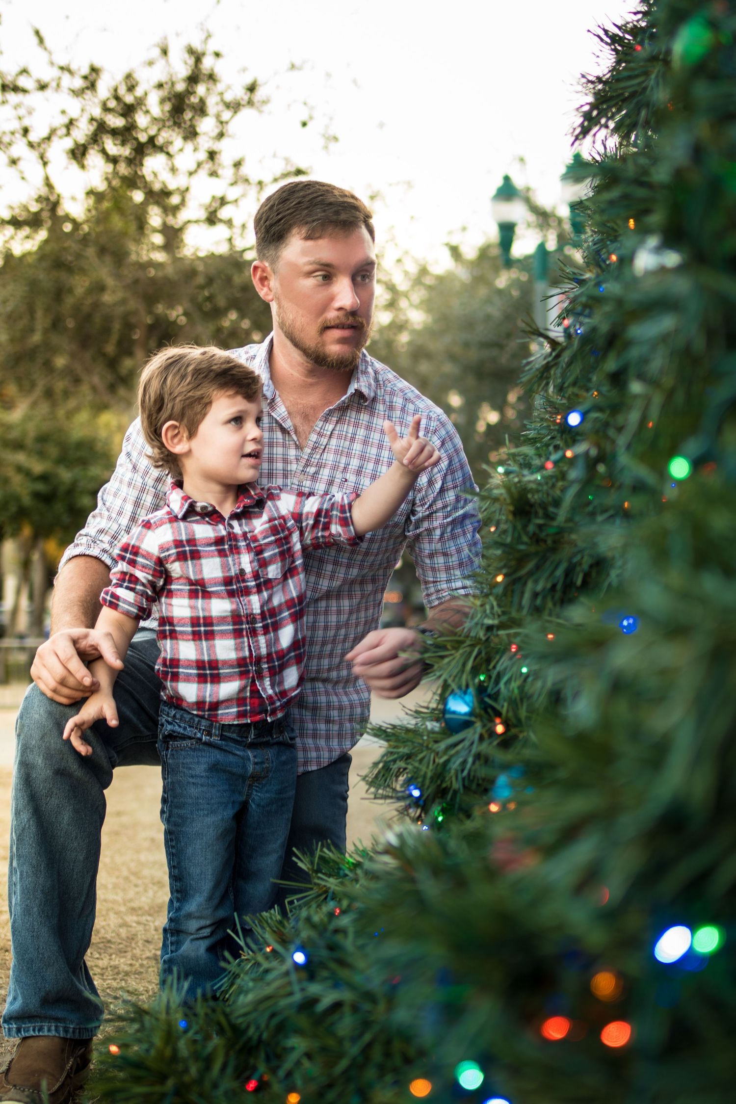 family photo portrait with man and sun. Man kneeling down and sun lifting hand to put ornament on Christmas tree.