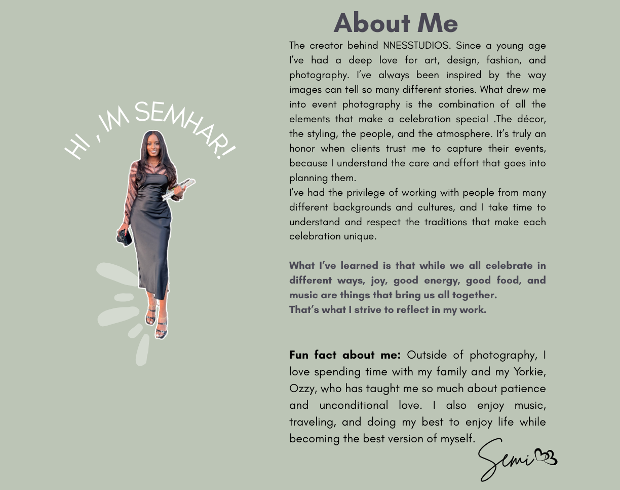 Minimalist website about me section design with sage green background.
