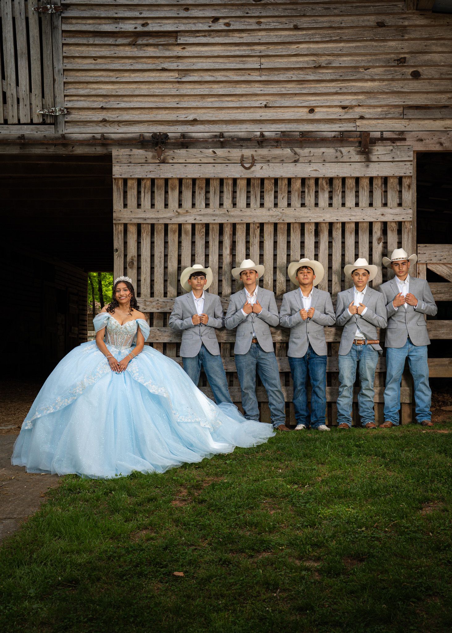 Quinceañera portraits with Chambelanes taken at McDaniel's Farm in Duluth, Georgia