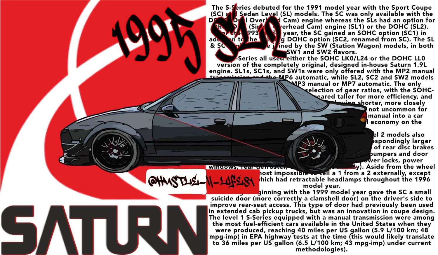 Digital art commission of a black 1995 SL2 Saturn car with graphic design poster