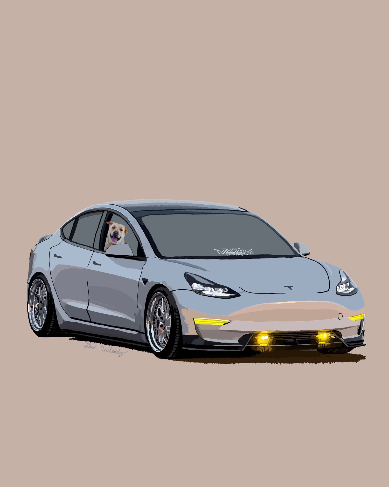 Digital art commission of a Tesla car with a dog in the window