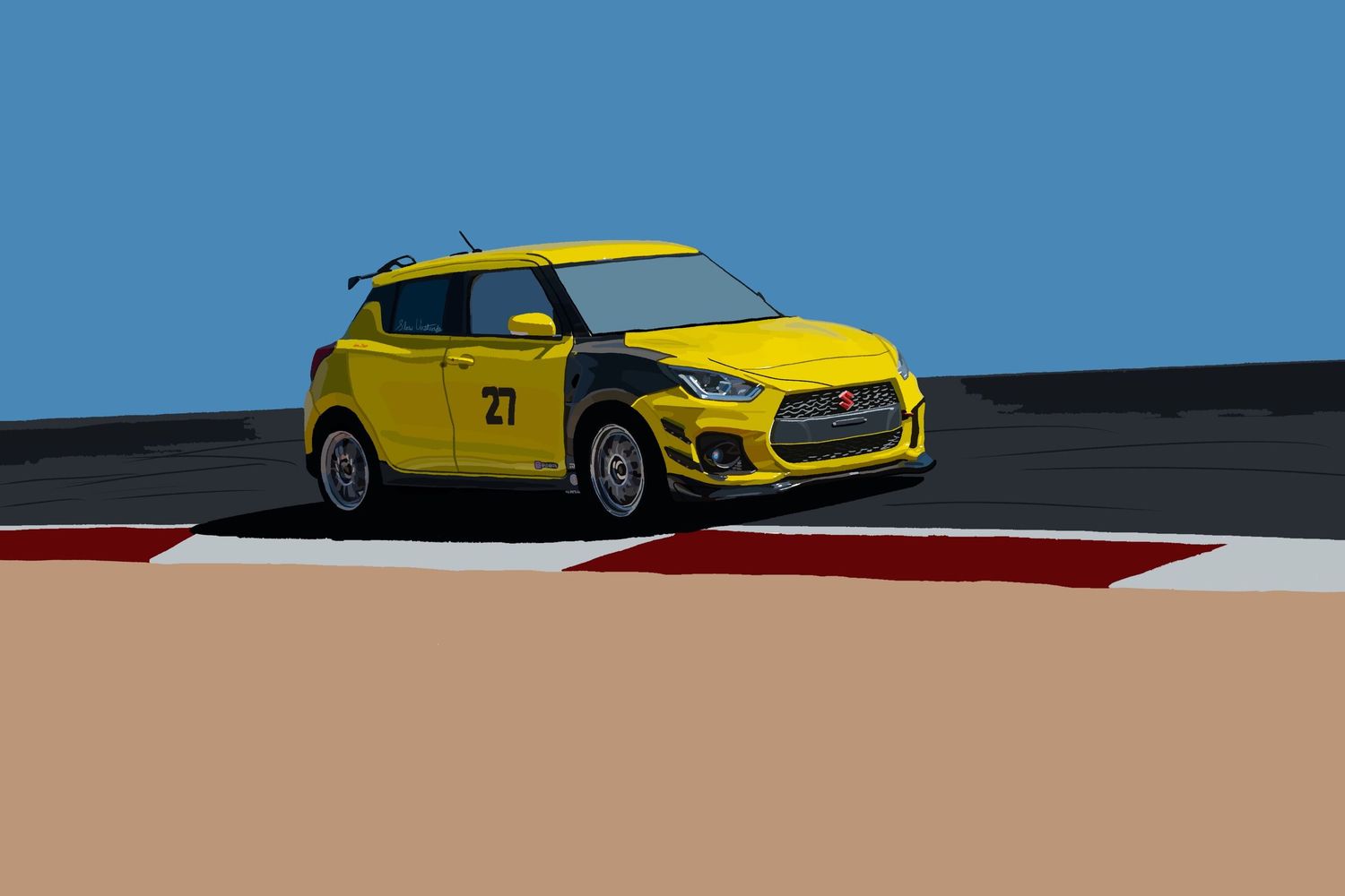 Digital art commission of a yellow Suzuki car on a track