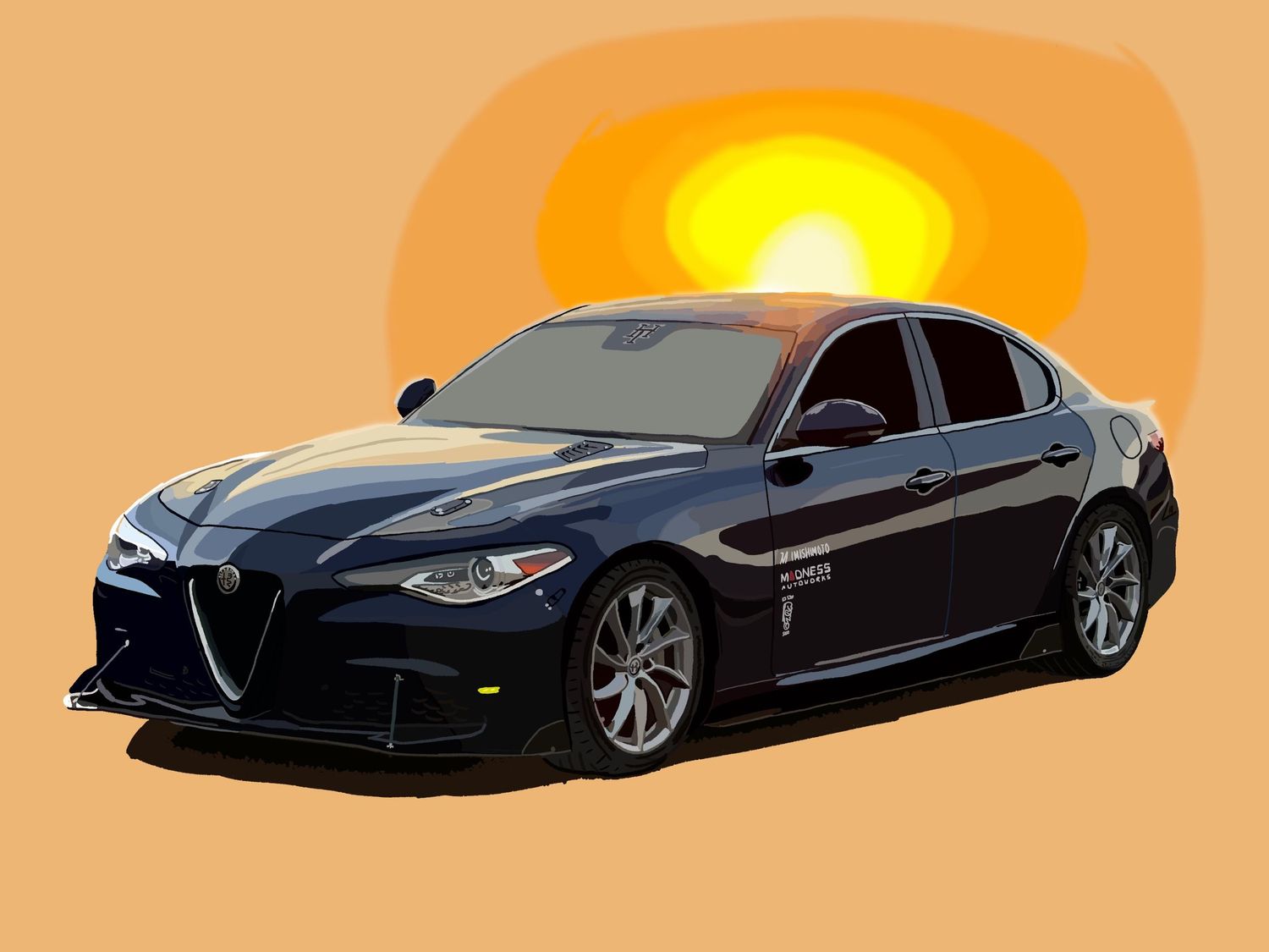 Digital art commission of a black Alfa Romeo car with sunset background