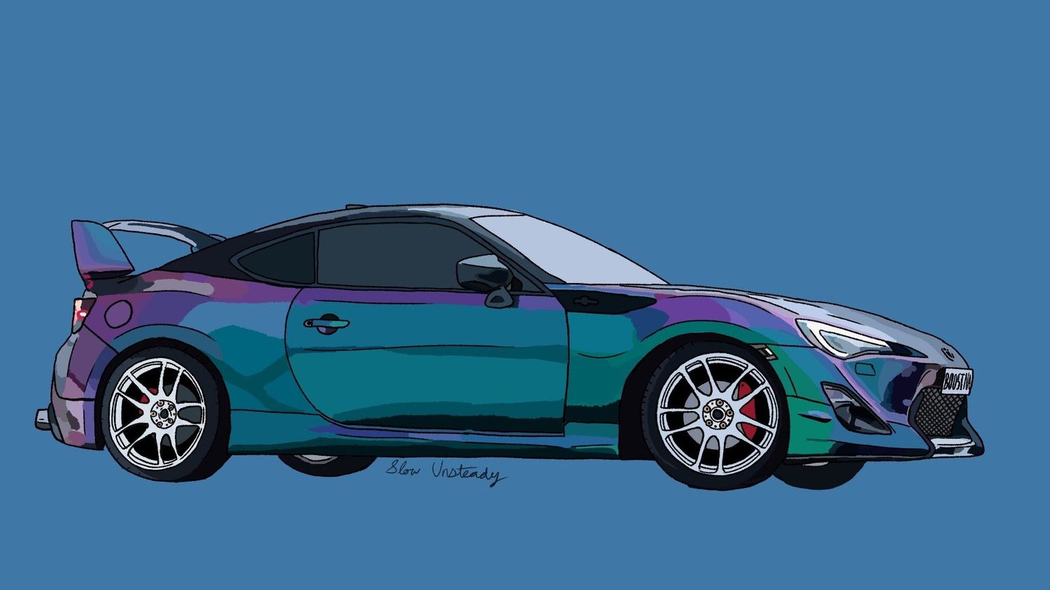 Digital art commission of a blue BRZ FRS 86 sports car coupe