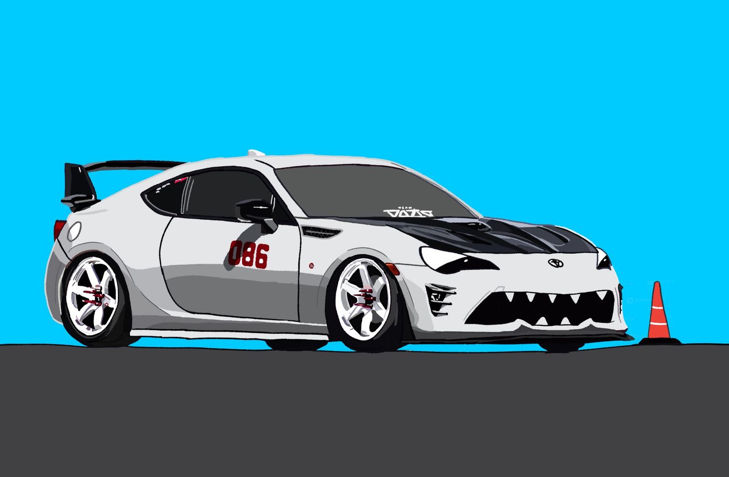 Digital art commission of a white Toyota GT86 car with an autocross cone
