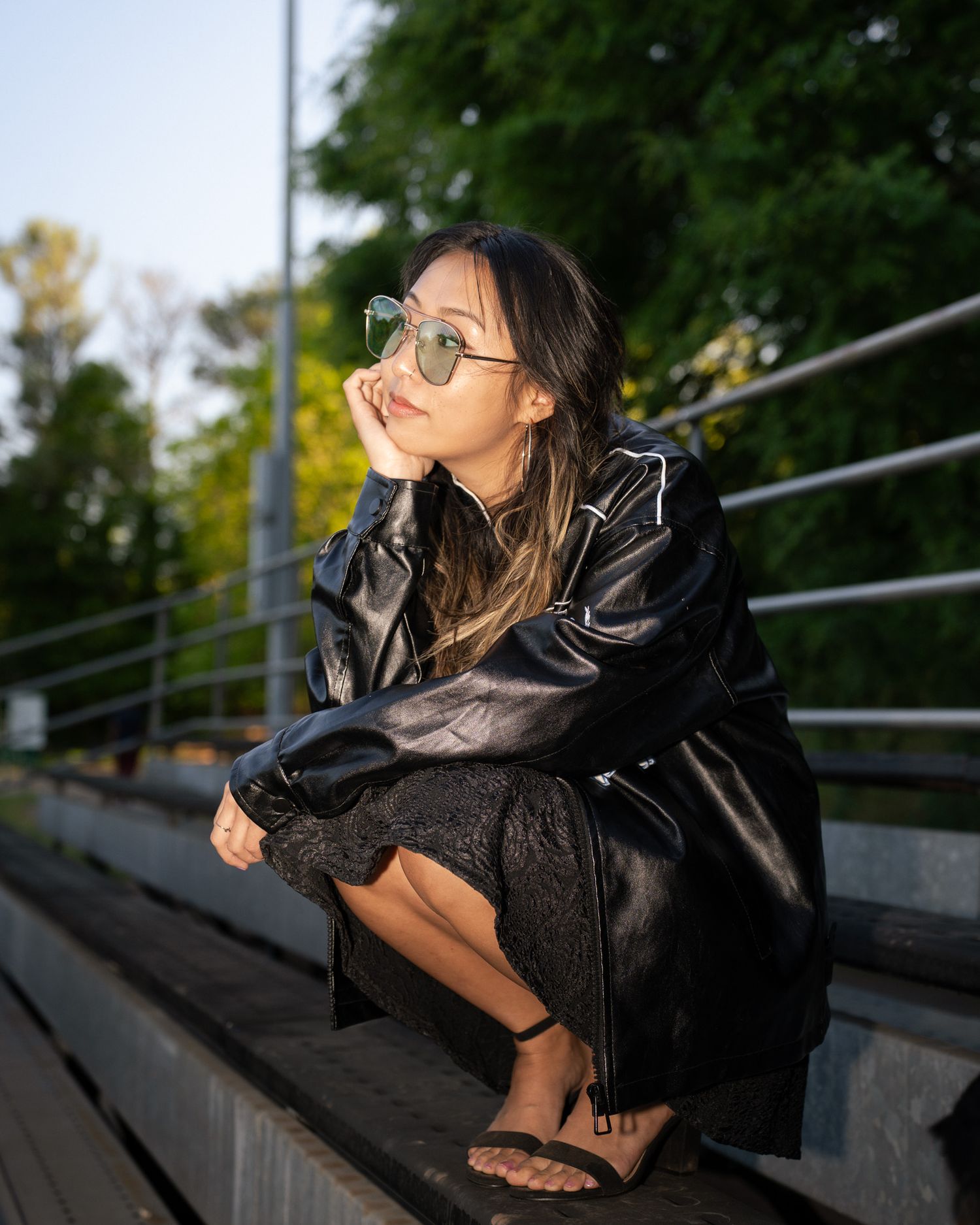 Portrait Photo at Perkerson Park in Atlanta, GA in a black jacket and sunglasses
