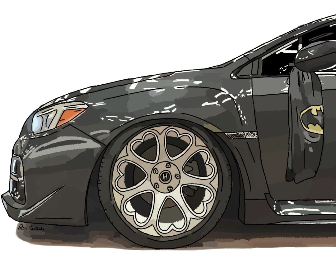 Digital art commission of a WRX car with heart Heritage wheels and Batman cape