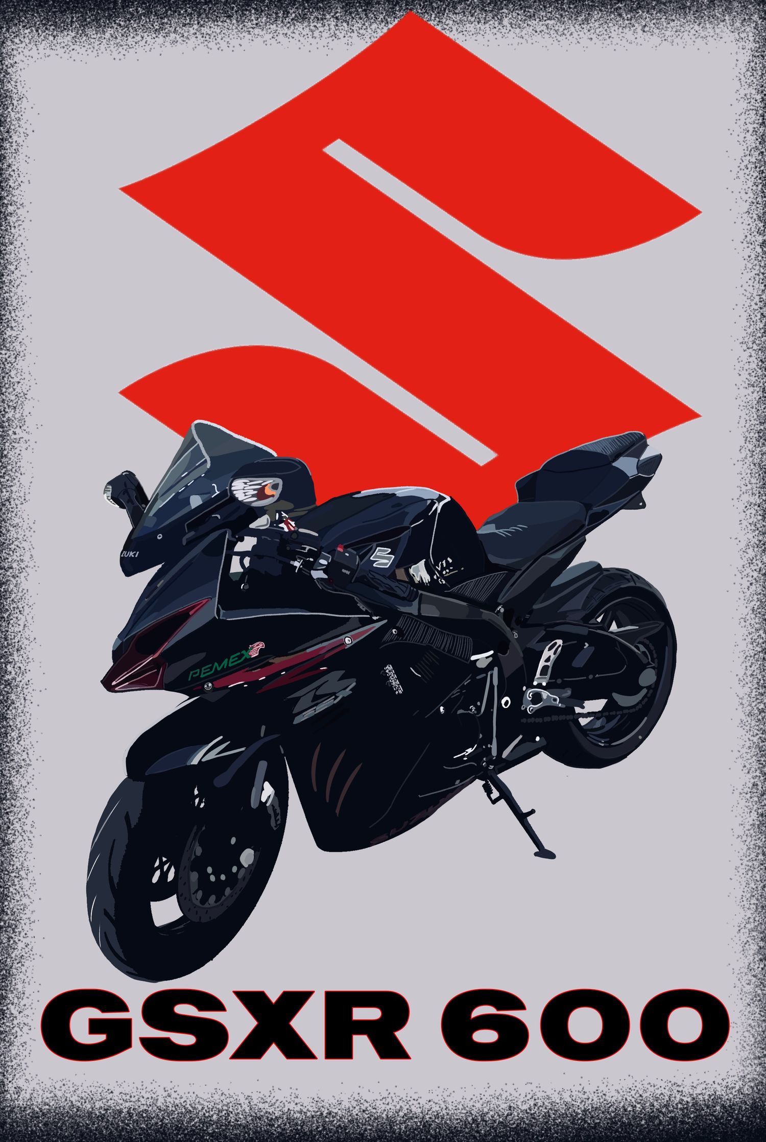 Digital art commission of a black motocycle bike GSXR 600 with graphic design poster