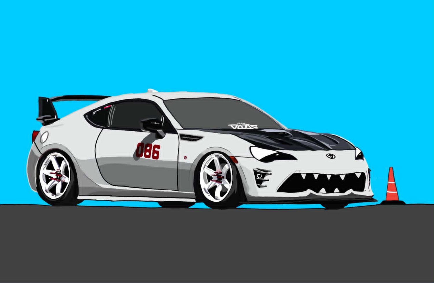 Digital art commission of a white Toyota GT86 car with an autocross cone
