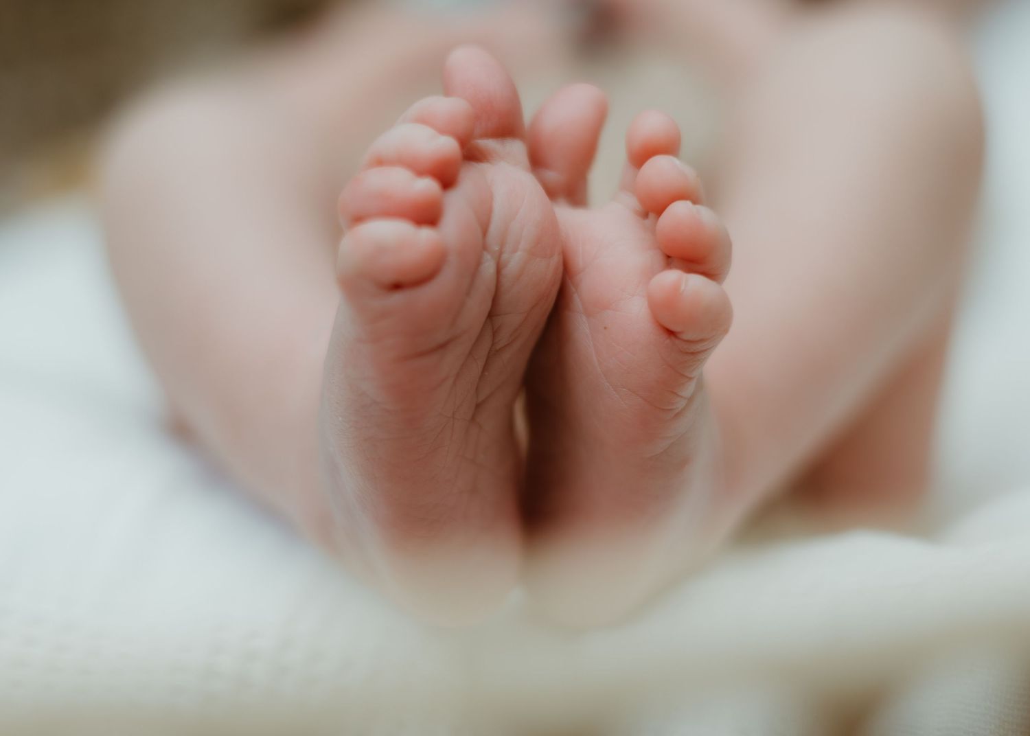 Close-up of tiny newborn baby feet and toes against soft background.