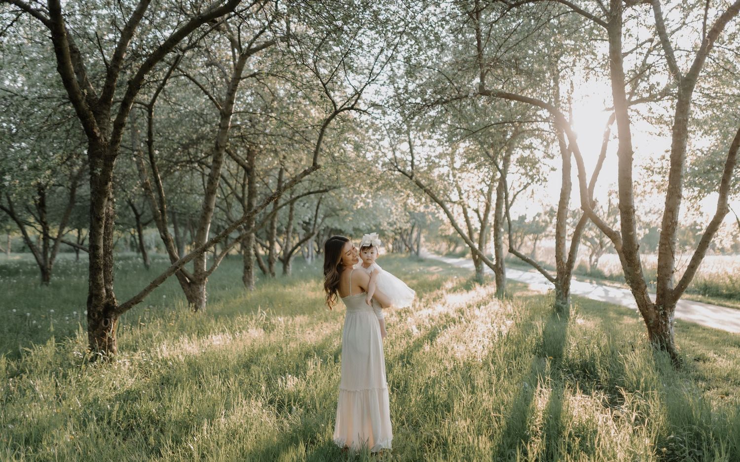 Ethereal outdoor scene in wooded grove with sunlight streaming through trees creating magical golden atmosphere.