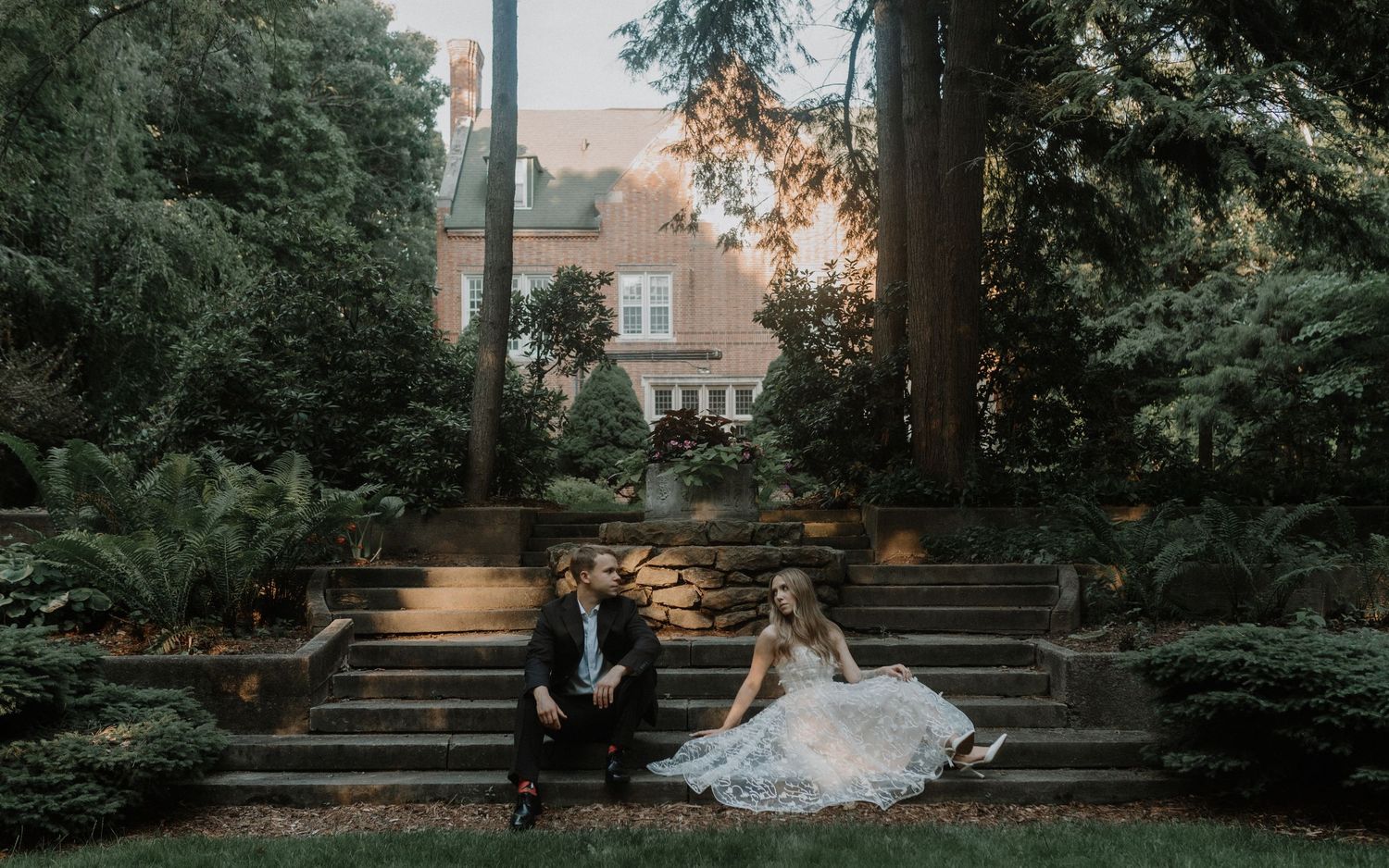 A collection of outdoor wedding portraits showing scenic garden moments with elegant bridal attire and natural backdrops.