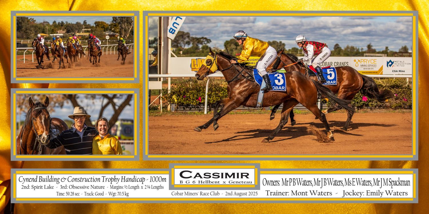 Horse racing photo collage featuring action shots of the winning horse.
