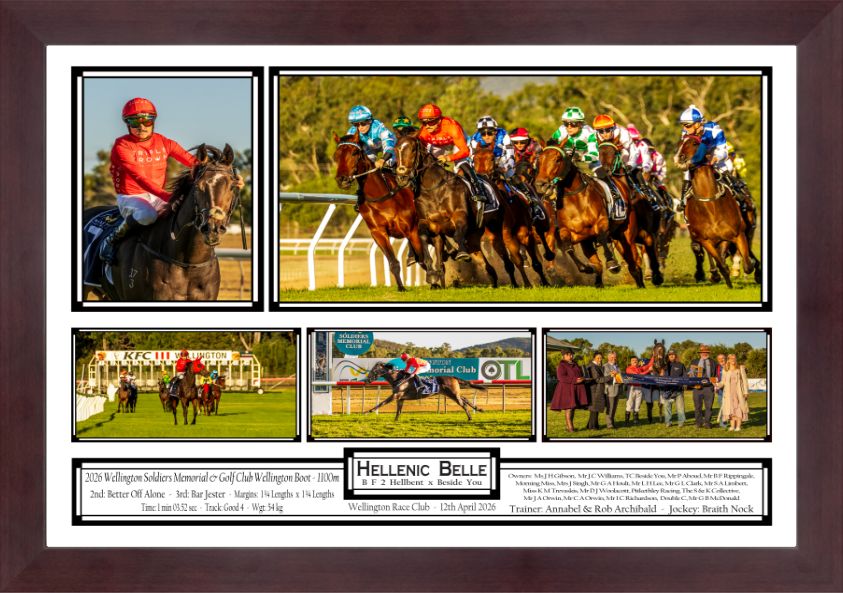 A framed horse racing collage featuring multiple race action shots and a trophy presentation, commemorating Hellenic Belle.