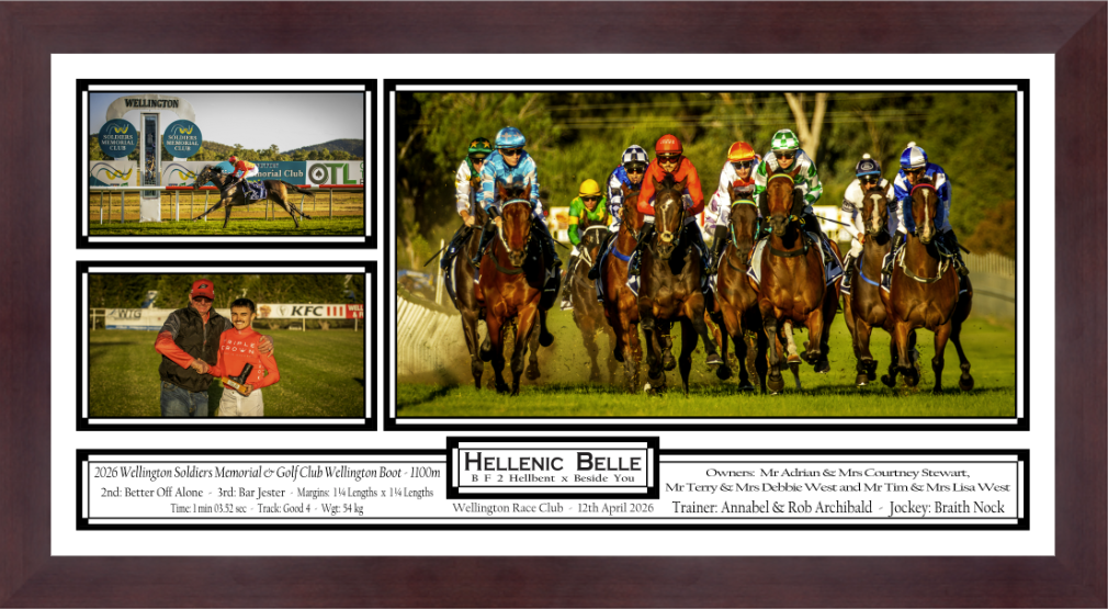 Hellenic Belle horse racing commemorative photo collage featuring multiple race scenes with jockeys and horses on the track.
