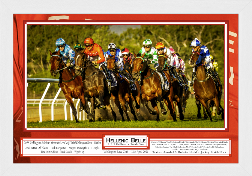Hellenic Belle horse racing photo print showing a competitive race with jockeys in colorful silks thundering down the track.