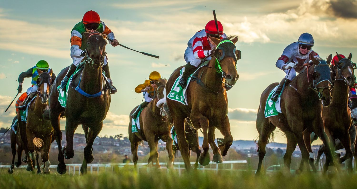 Thoroughbred horses racing at sunset with colorful jockey silks against the sky.