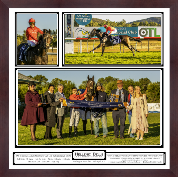 Horse racing winner Hellenic Belle celebrated in victory photo collage with jockey, trainers, and owners at memorial club racecourse.