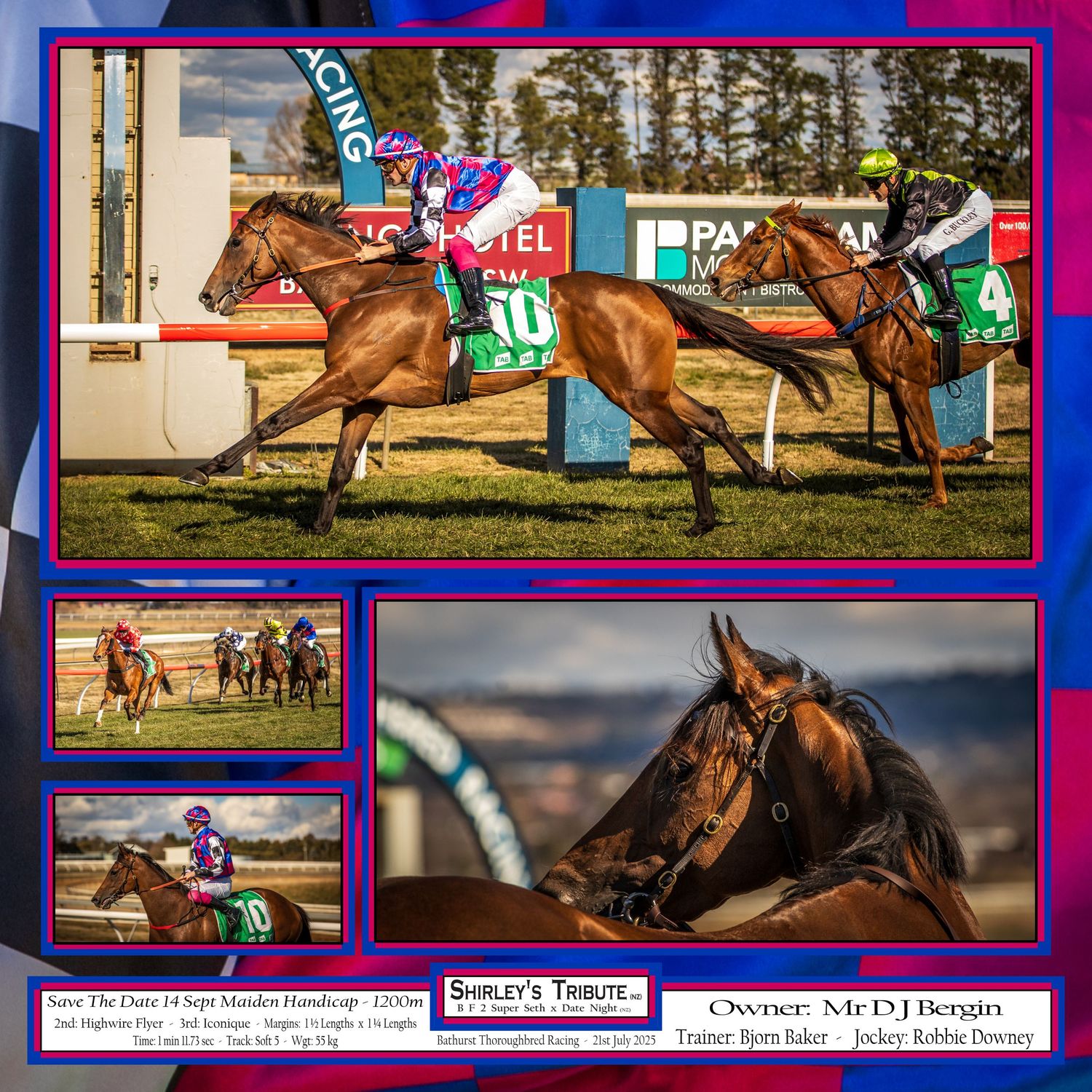 Three racing horses compete neck and neck on a dirt track with jockeys in colorful racing silks during a close finish.