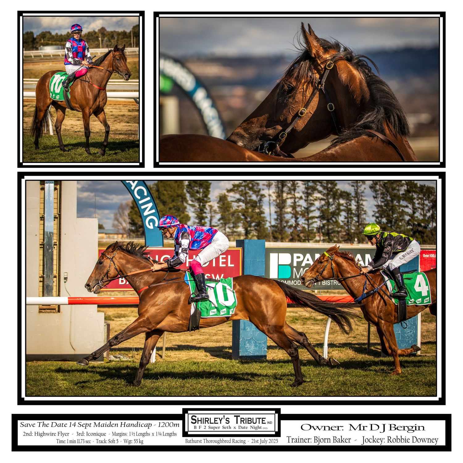 Thoroughbred racehorses compete neck and neck on a dirt track during an intense racing competition.