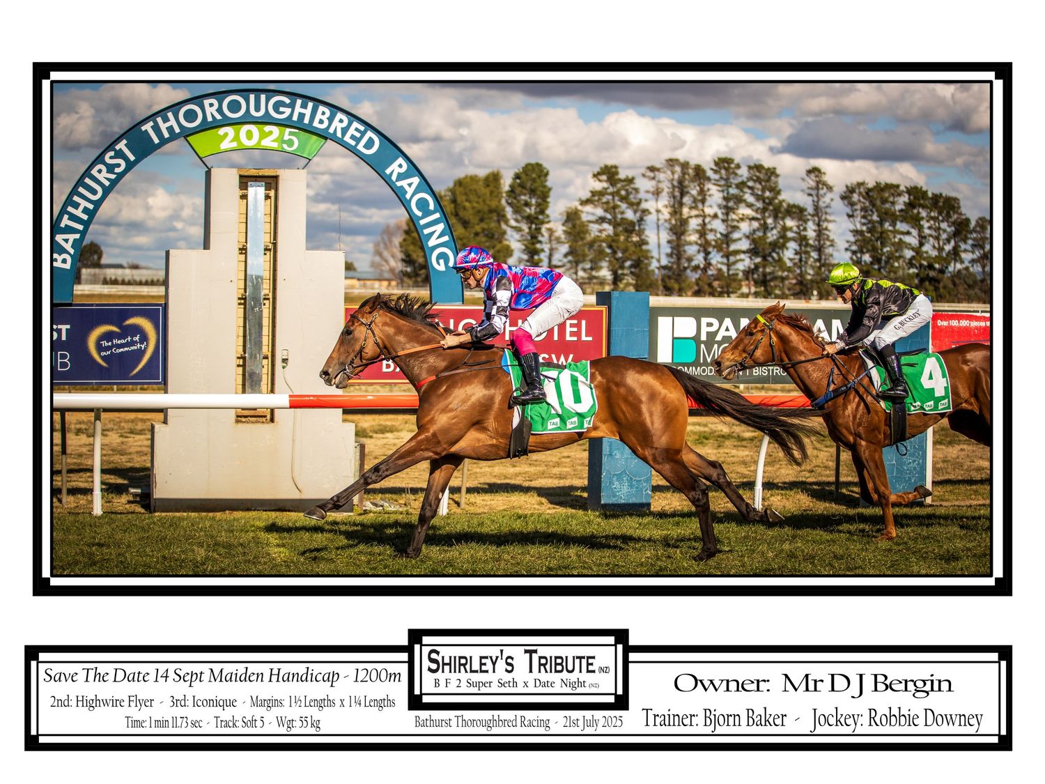 Two thoroughbred racehorses neck and neck at the finish line with jockeys racing past the winning post at a racetrack.