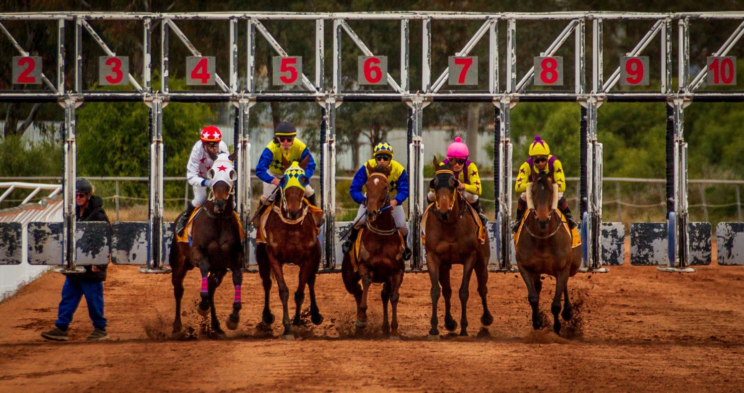 Horse racing action on a dirt track with spectators watching from the sidelines in bright daylight.