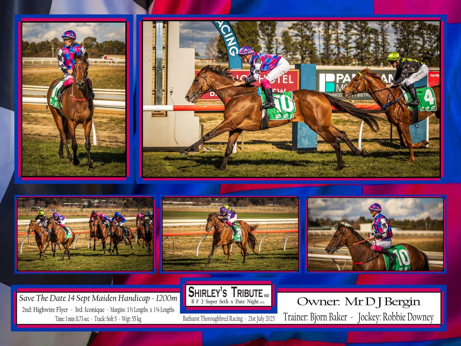 Collage of horse racing action shots showing thoroughbreds and jockeys competing on a racetrack during daytime events.