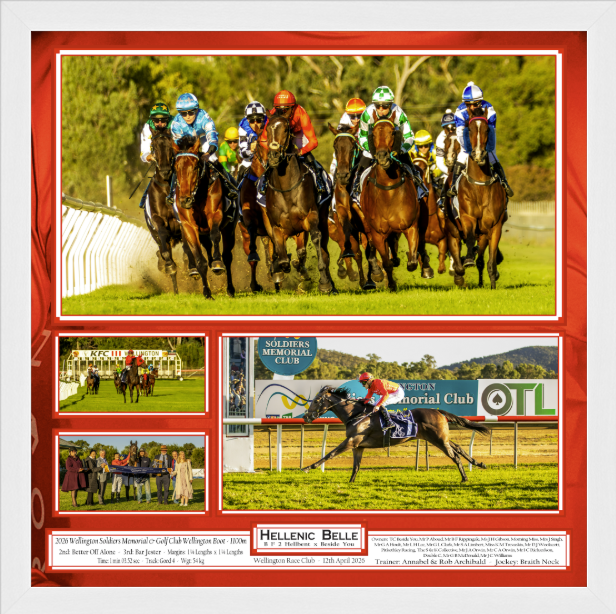 A thrilling horse race with multiple horses and jockeys competing on a dirt track surrounded by lush green trees.