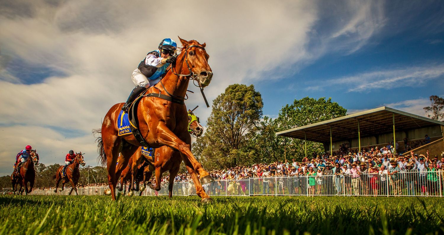 Horse racing action at a track with spectators watching from grandstands under dramatic cloudy skies.