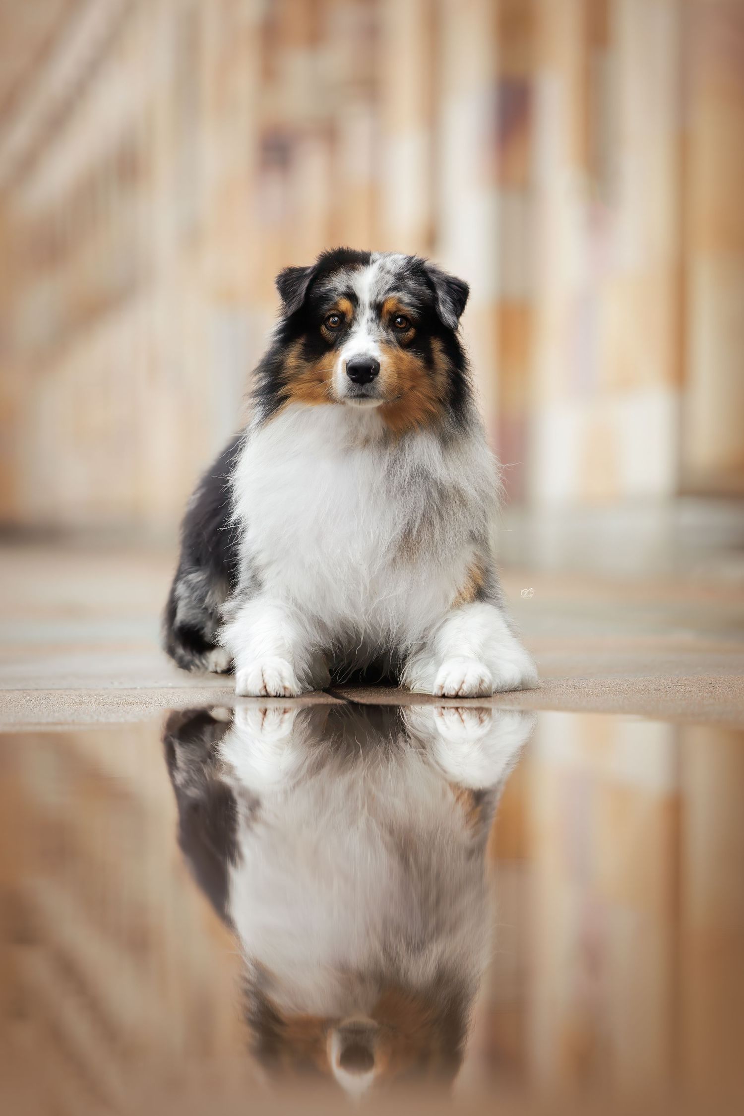 A tri-color Australian Shepherd dog lying down with its reflection visible on a wet floor surface.