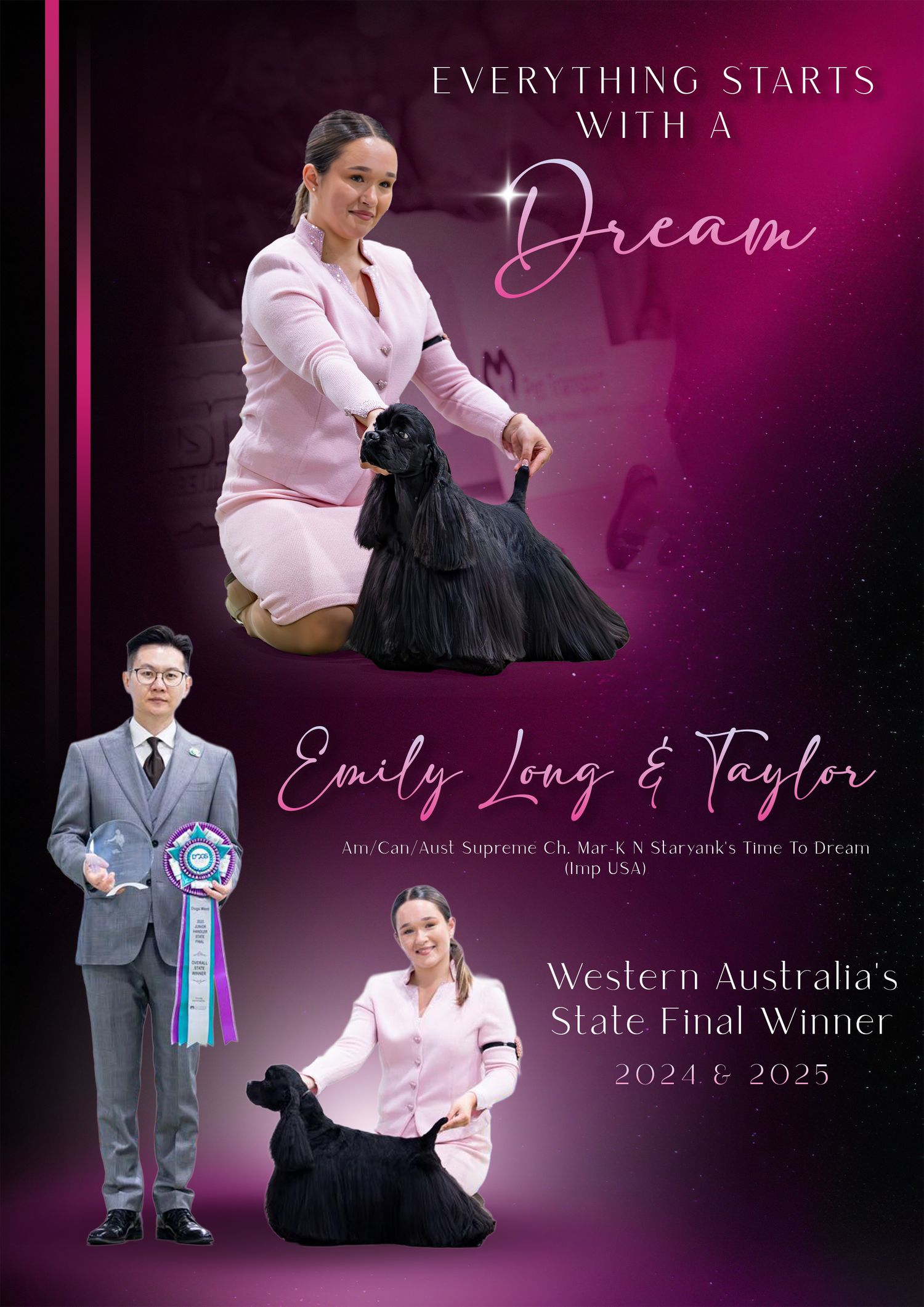 Dog show winners and handlers posing with awards against a purple gradient background.