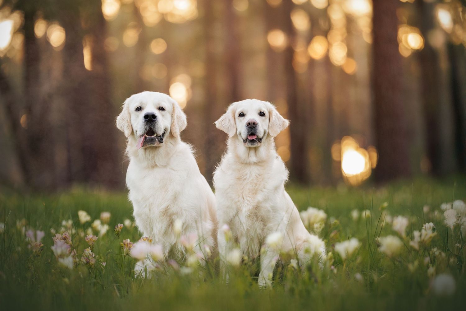 Two golden retriever dogs lying together in green grass as sunlight streams through trees in the background.