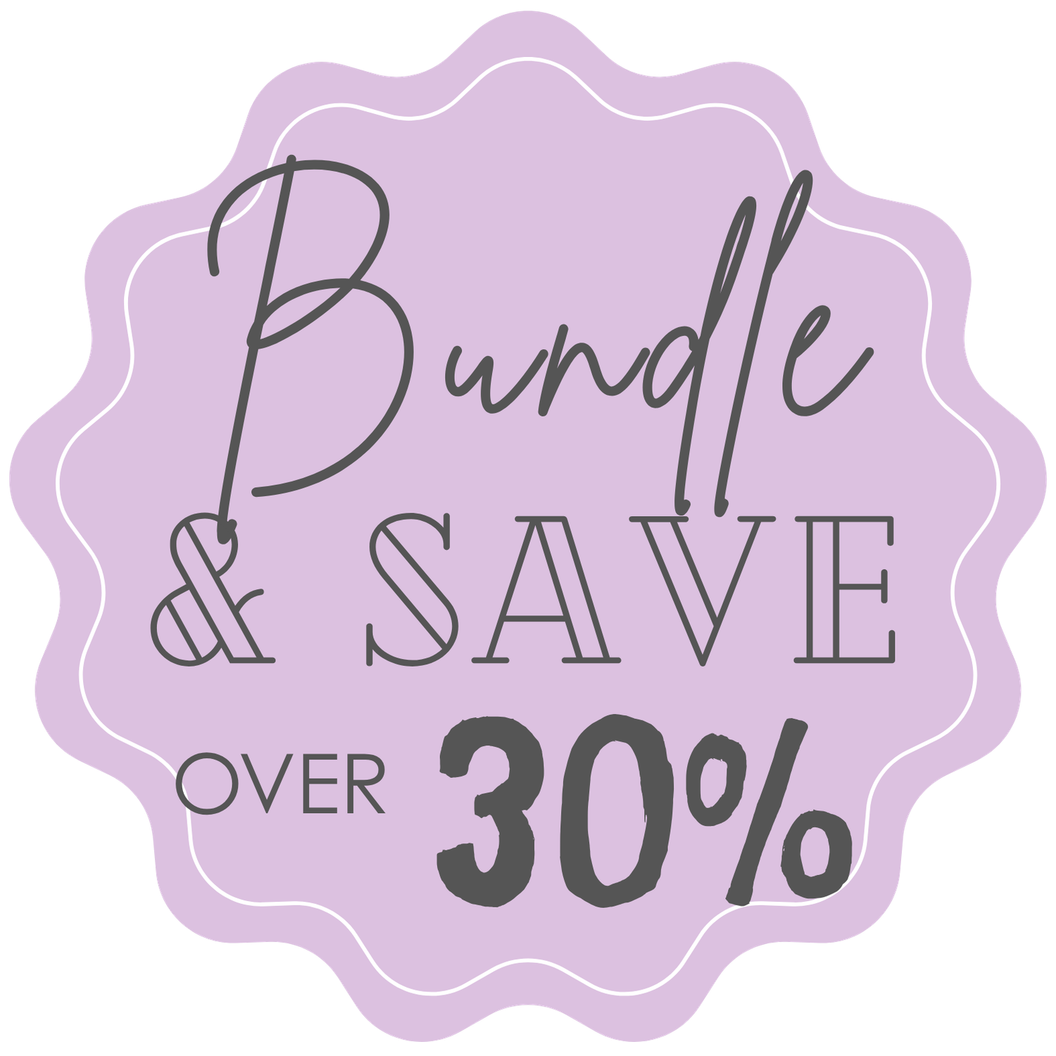 Purple scalloped badge with Bundle & Save Over 30% promotional discount label for retail offers.