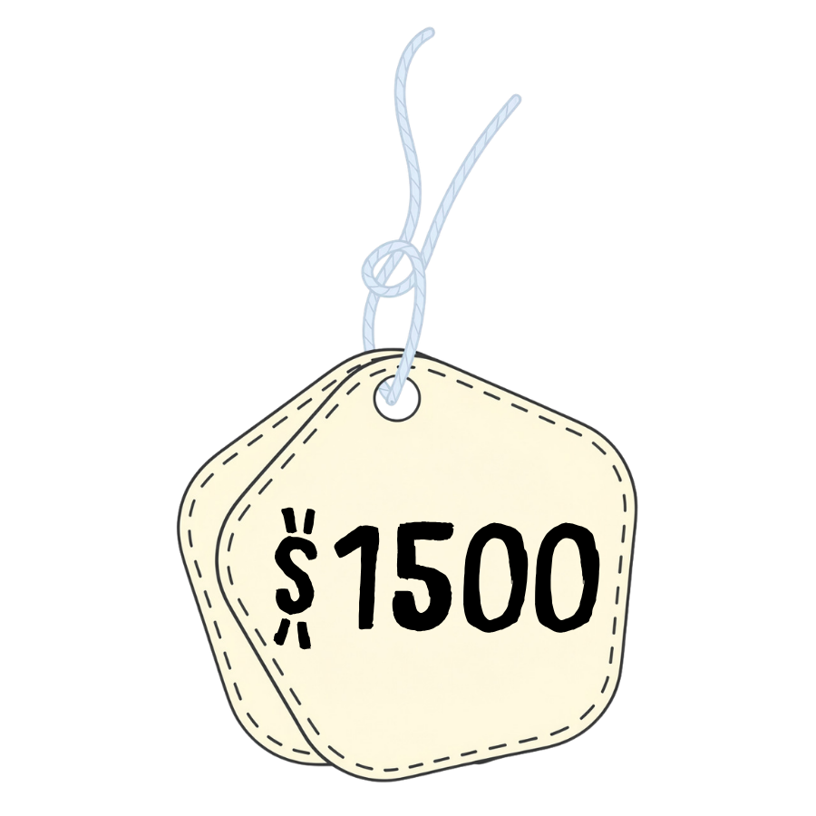 Price tag illustration showing $1500 in bold black text on a cream colored pentagon shaped tag with stitched border.