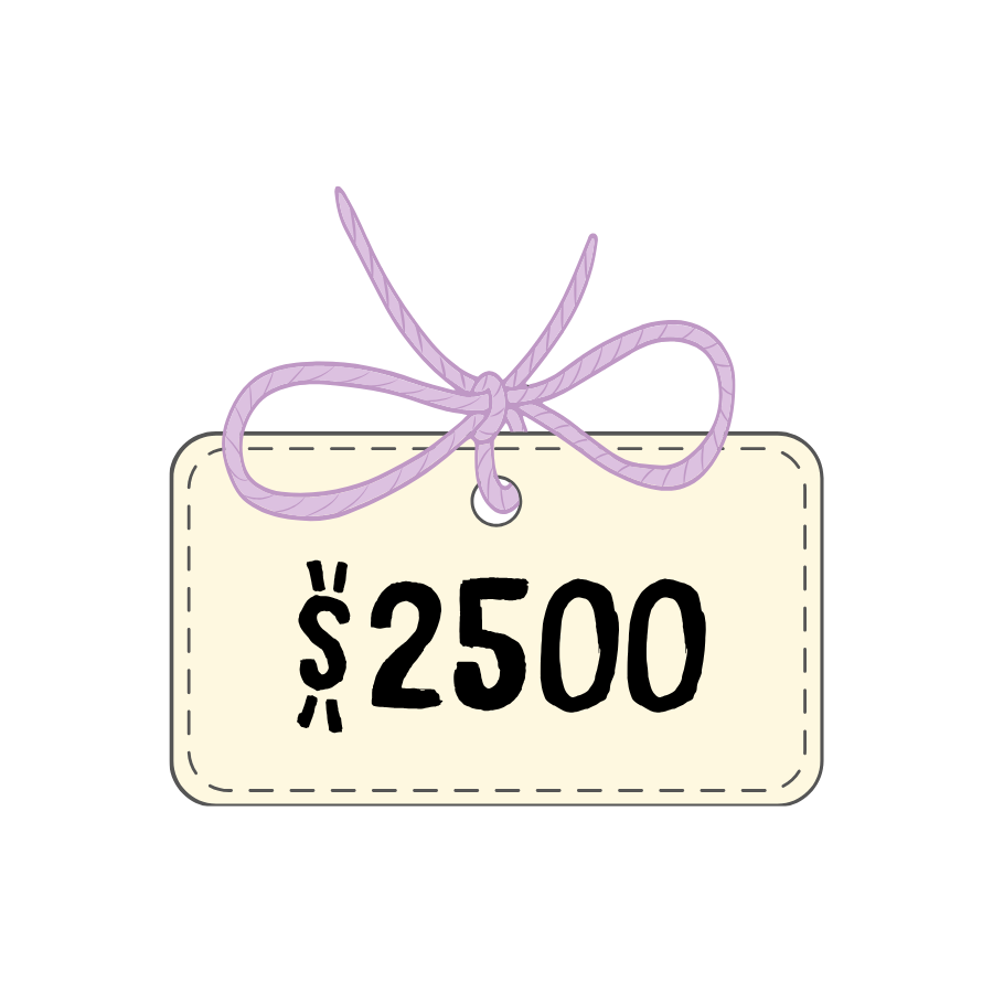 Illustrated price tag showing $2500 with a decorative purple bow on a cream-colored tag with dashed border.