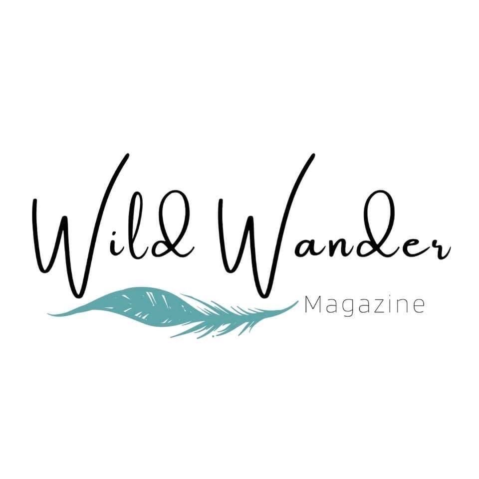 A stylish logo design for Wild Wander Magazine featuring handwritten text and a decorative turquoise feather element.