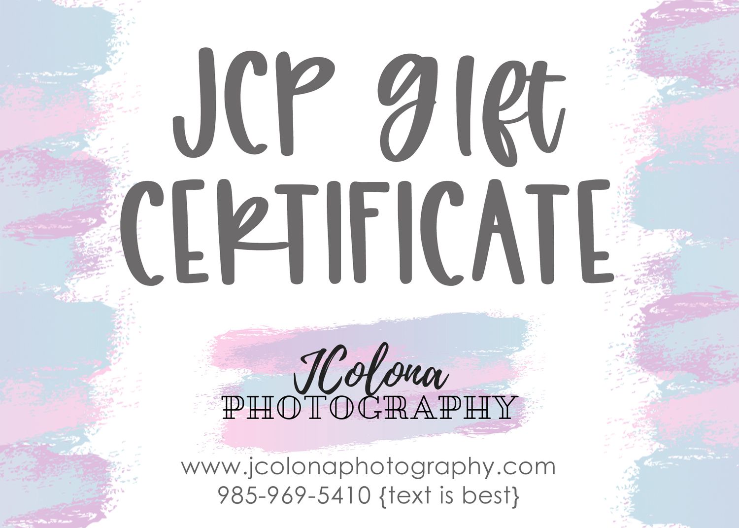 Stylish pink and gray business branding design with contact information and website URL displayed.