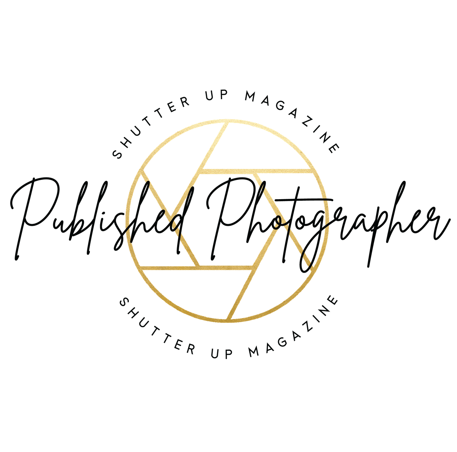 Circular gold and white logo designs for Shutter Up Magazine featuring elegant typography and geometric elements.