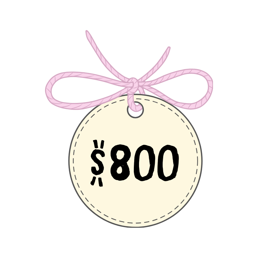 Round price tag showing $800 with pink bow ribbon on white background.