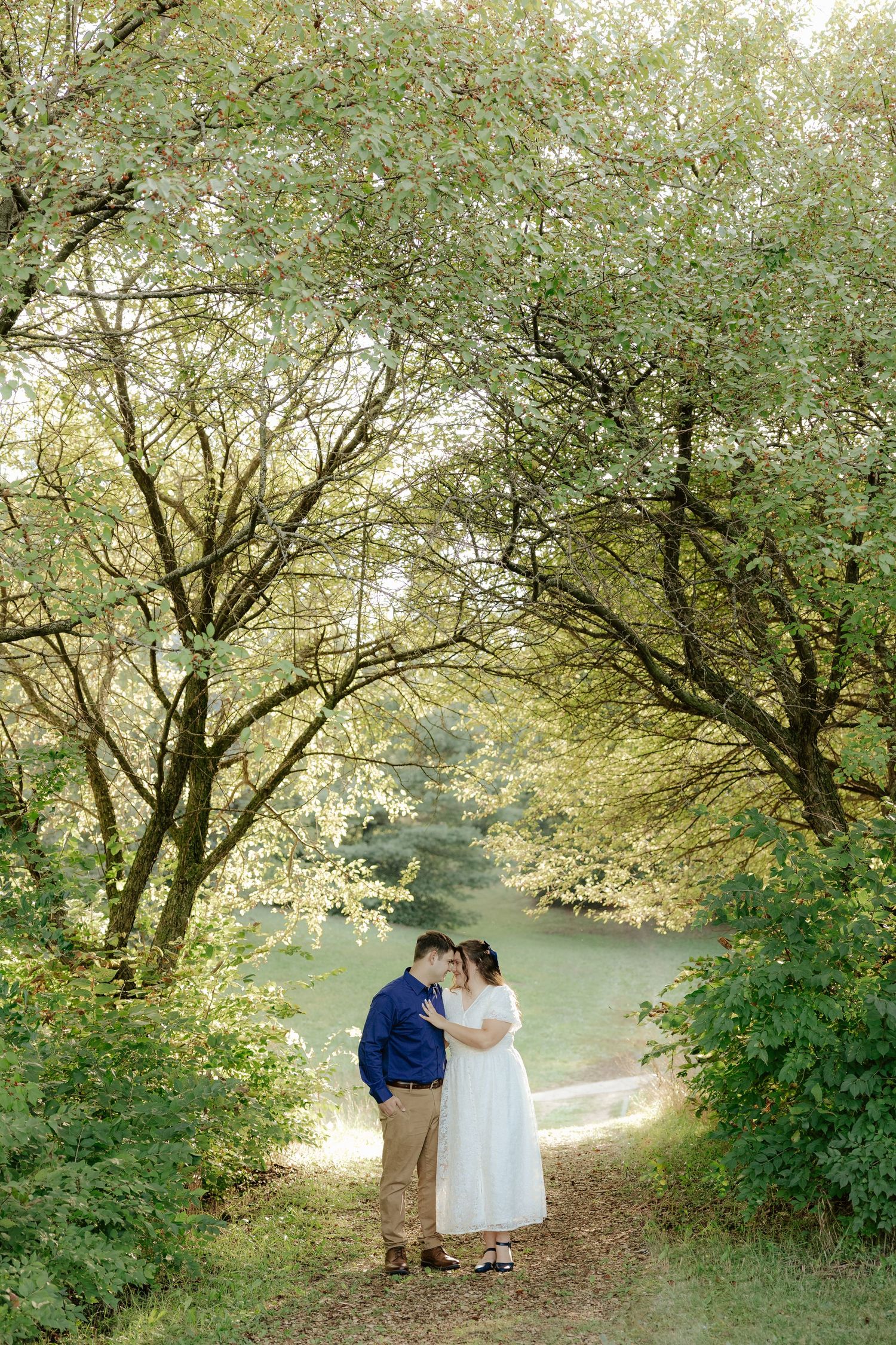 A romantic spring wedding photoshoot sequence under blooming cherry blossom trees beside a serene lake.