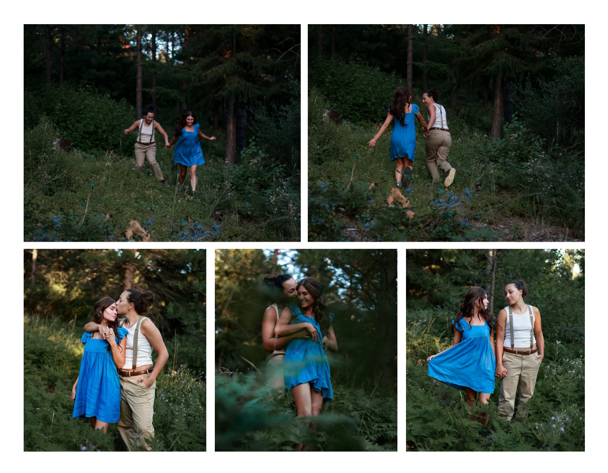 Couple celebrating engagement at forest photoshoot at golden hour with a beautiful background set in the trees.