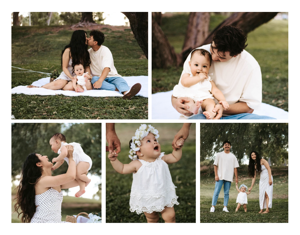 Family celebrating baby's first birthday during an outdoor photoshoot in Tucson, Arizona