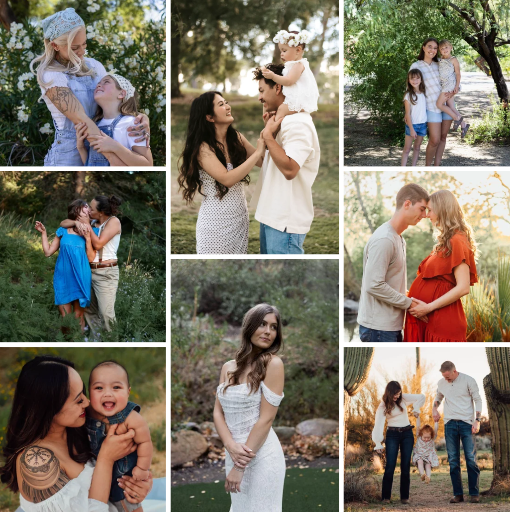 Couple embracing for maternity pictures, mommy and me mini sessions, baby sitting on dads shoulders, wedding picture assortment.