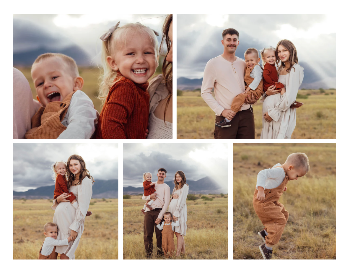 Family celebrating maternity during an outdoor photoshoot in Tucson, Arizona at Empire Ranch at sunset with clouds.