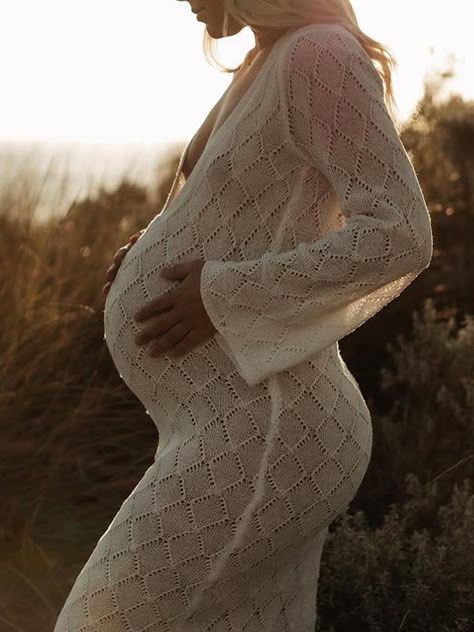 Silhouetted maternity photo series showing pregnancy progression against golden sunset in white lace dress.