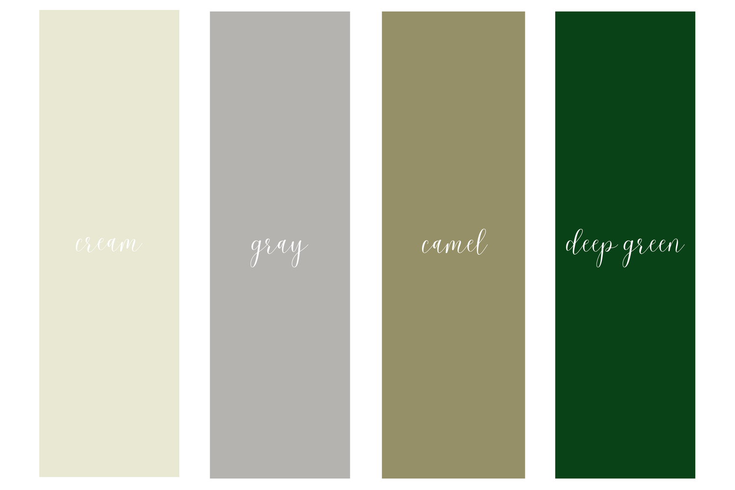 Color palette swatches featuring cream, gray, camel, and deep green tones for interior design inspiration.