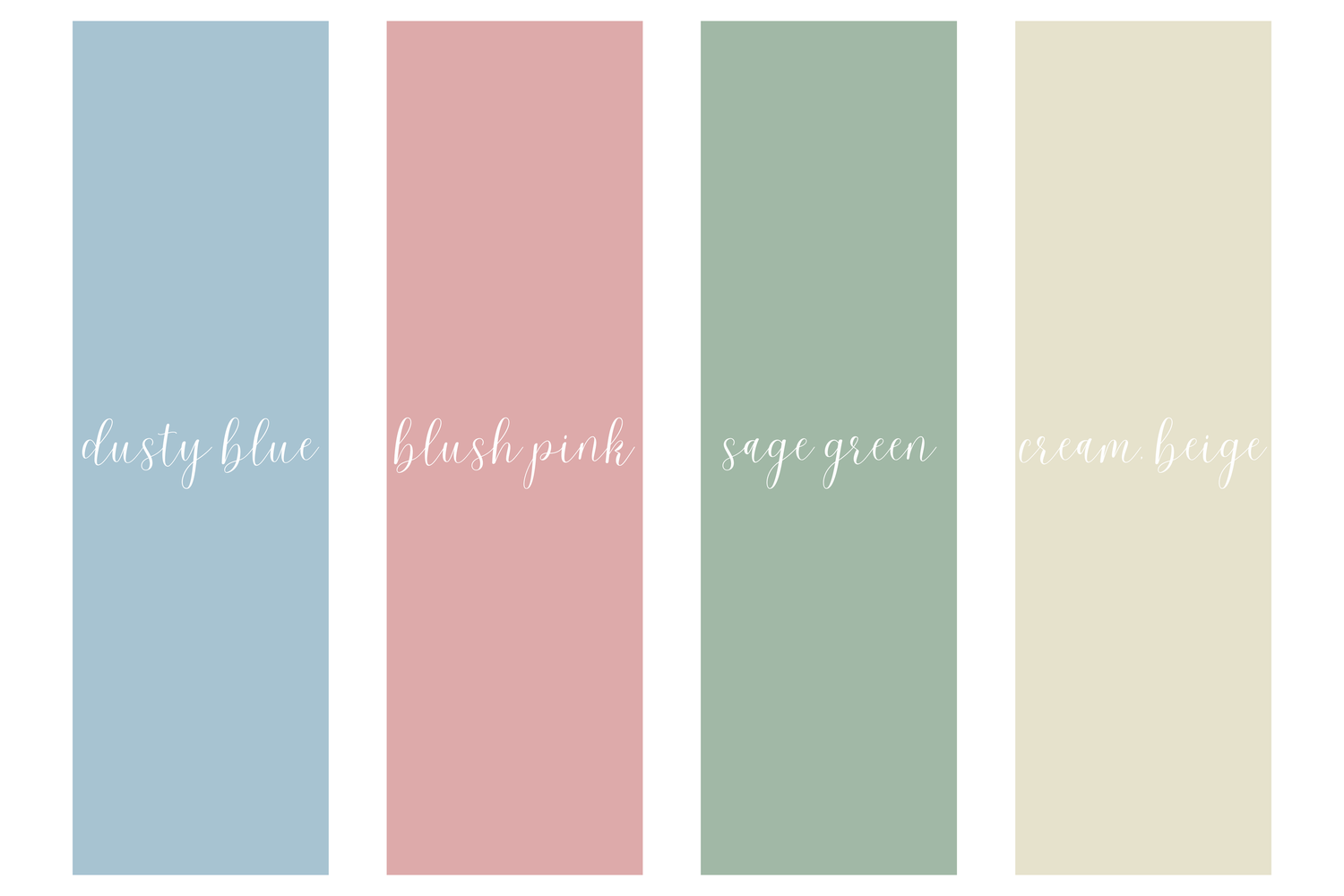 Four soft color swatches labeled dusty blue, blush pink, sage green, and cream beige for wedding or home decor palette.