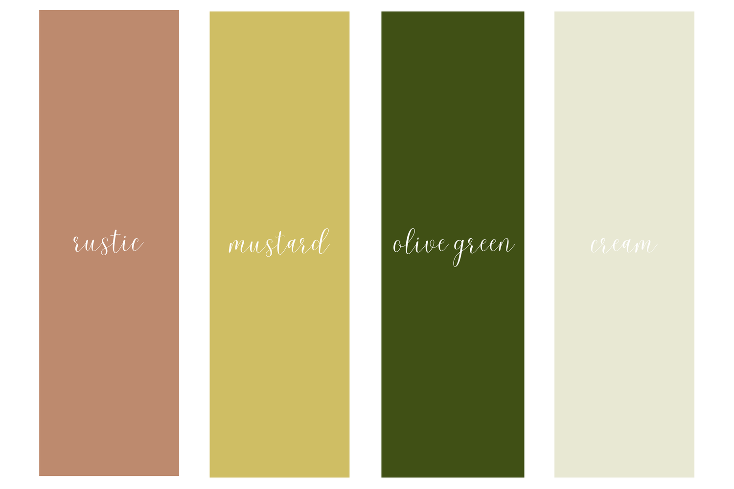 Color palette swatches showing rustic terracotta, mustard yellow, olive green, and cream tones for design inspiration.